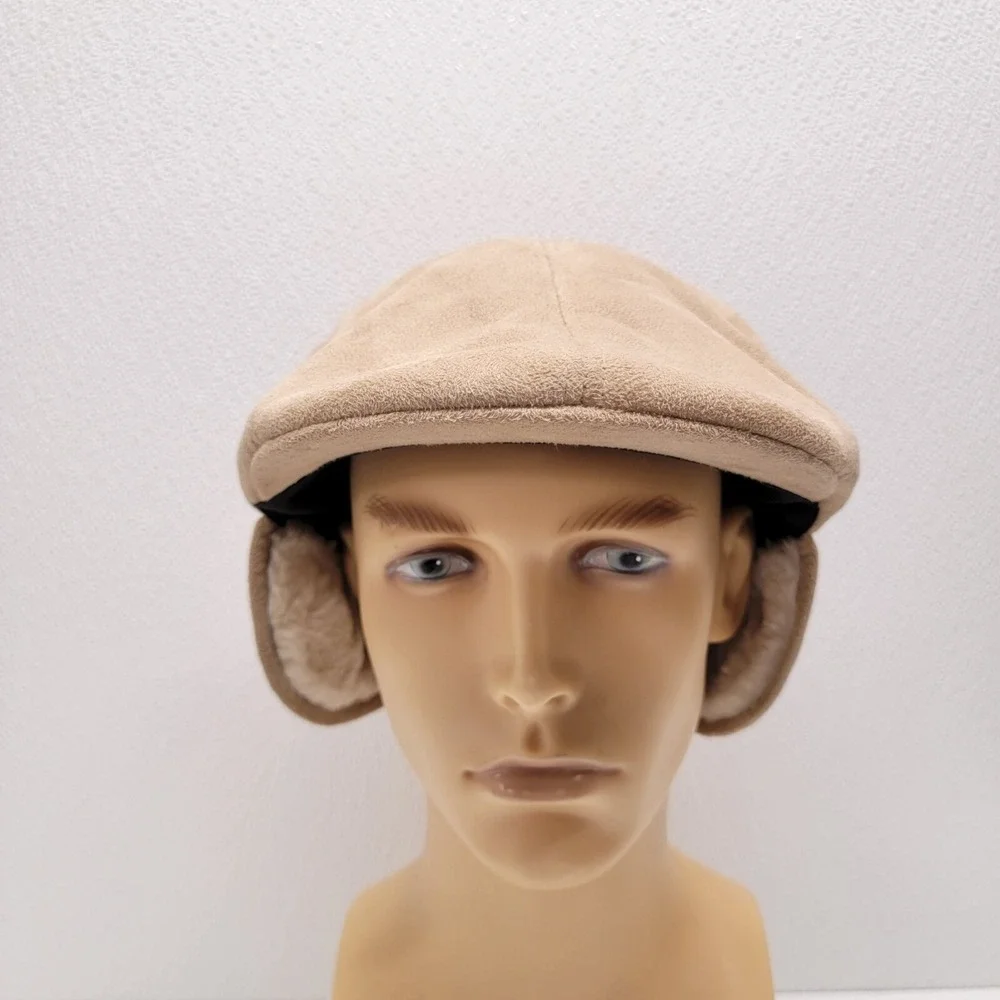 D & Y, NY Tan Faux Suede Winter Newsboy Cap Ear Flaps Soft